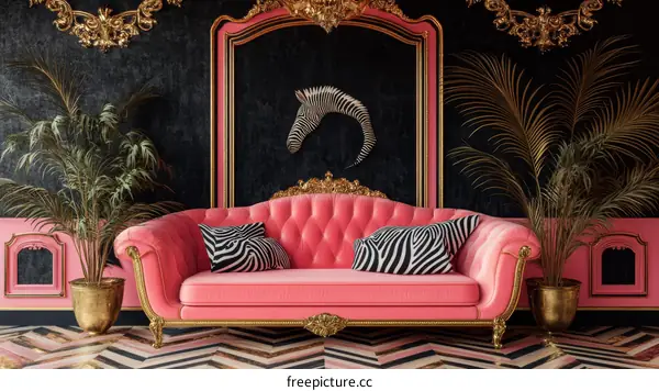 Luxurious Pink Sofa in a Golden Baroque Living Room
