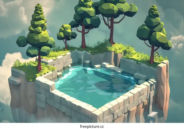 Low Poly Floating Island With Trees and Pond