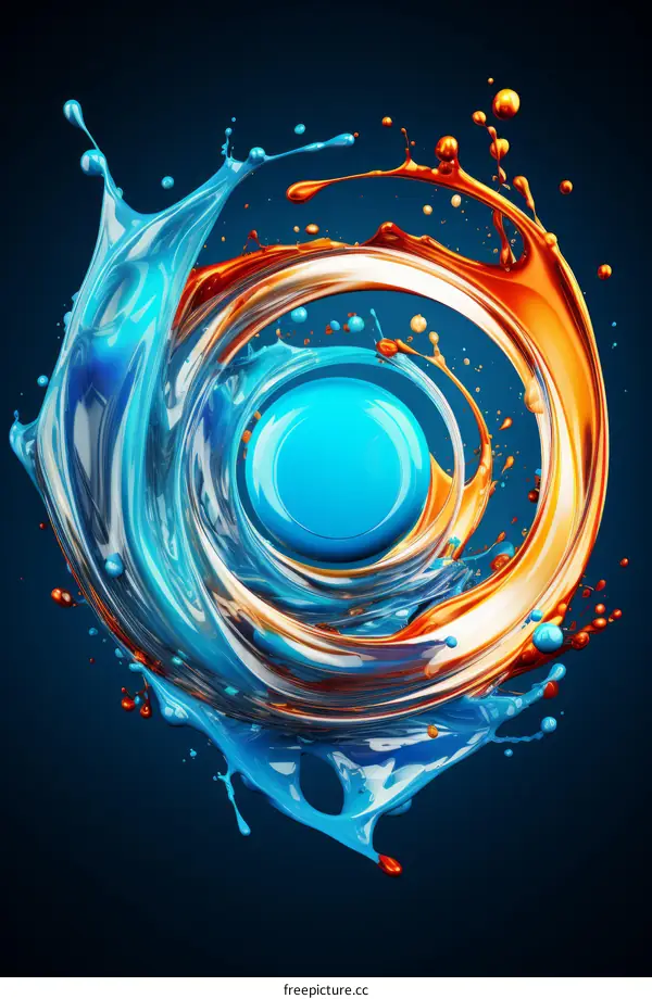 Colorful 3D rendering of a vortex of blue and orange liquid.