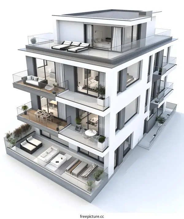 Modern White Apartment Building with Rooftop Terrace and Balconies