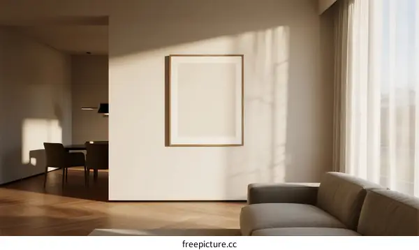 Minimalist living room with empty picture frame and natural light