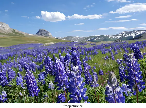 Field of purple flowers with mountains in the distance