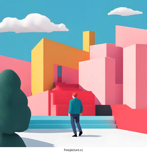 Abstract Minimalist Illustration of Man Walking Towards Building with Stairs