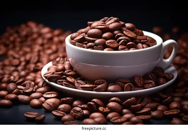 Close-up image of roasted coffee beans spilling from a white cup