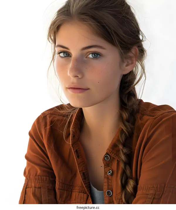 portrait of a young woman with freckles and blue eyes