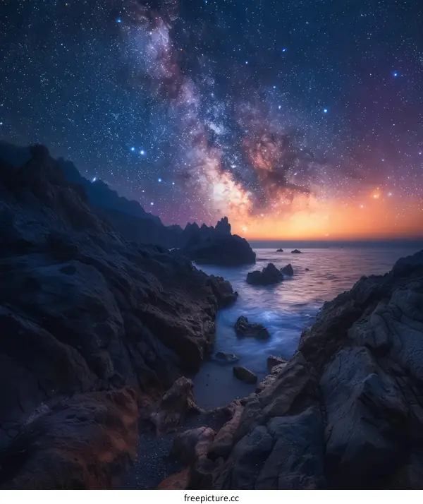 Rocky coast under the night sky full of stars