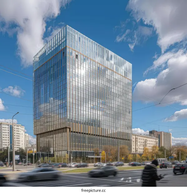 A modern glass skyscraper with a bronze frame reflecting the sky and clouds