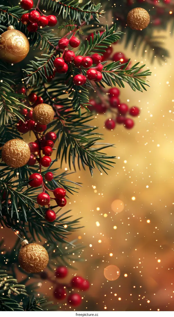 Christmas Tree with Red Berries and Gold Ornaments