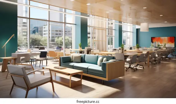 Modern Blue Office with Abundant Natural Light