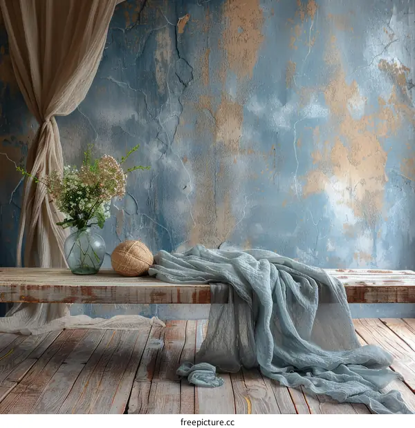Blue grunge background with bouquet of flowers in vase and gray fabric
