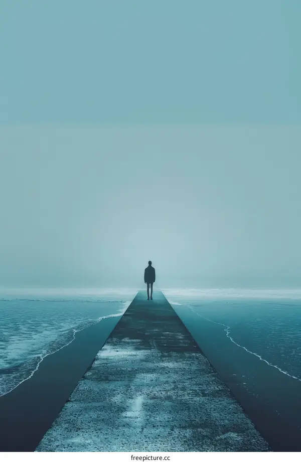Solitude on the Pier: A Man Gazing into the Foggy Sea