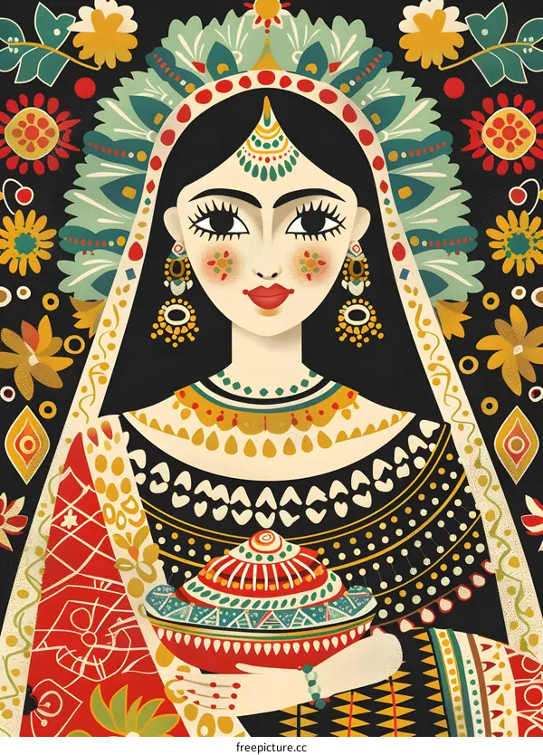 Indian Woman In Traditional Clothing Holding A Plate With Decoration