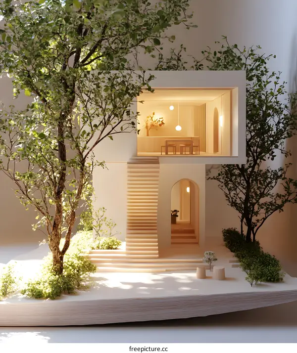 Minimalist Modern House Model with Green Trees