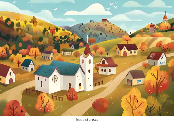 Autumn Village with Church and Surrounding Buildings