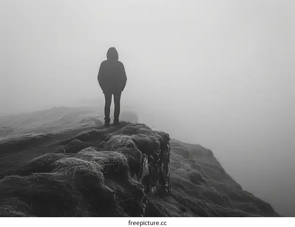 Man standing alone on a cliff edge looking out at a foggy landscape