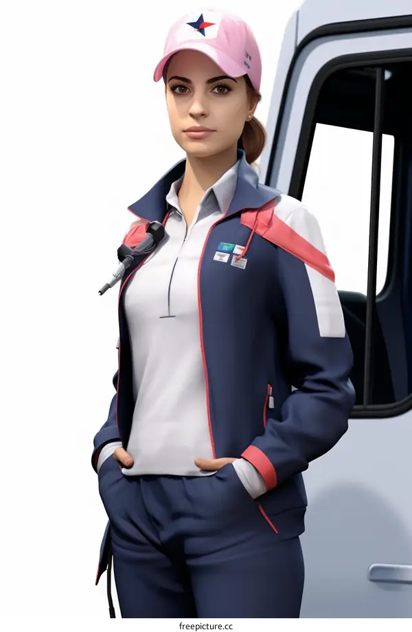 Female Firefighter in Protective Gear Standing by Fire Truck