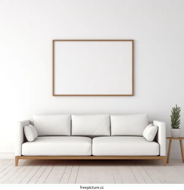 White sofa with plant and frame on white wall