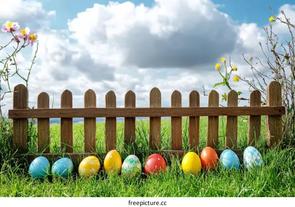 Easter Eggs by a Wooden Fence on a Sunny Day