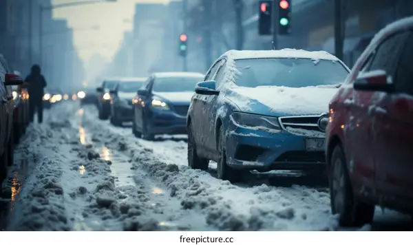 Cars Stuck in Snow on Snowy City Road
