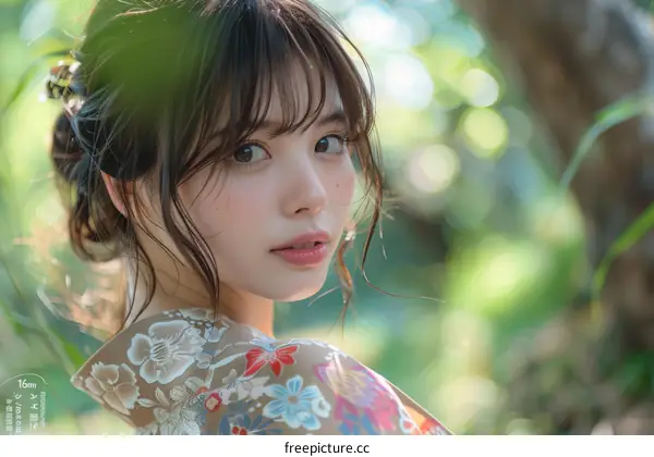 A beautiful Asian woman wearing a kimono stands in a bamboo forest.