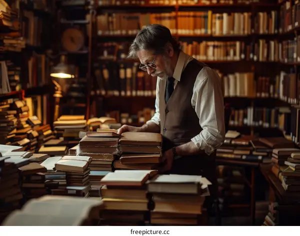 A thoughtful old man is organizing a large stack of old books in a library.