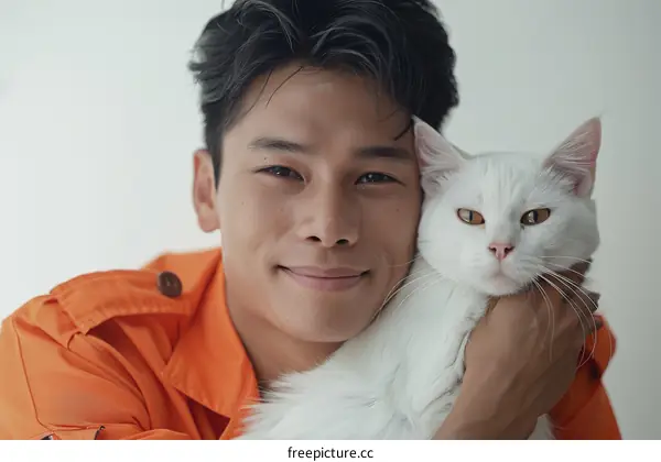 A young Asian man with a white cat