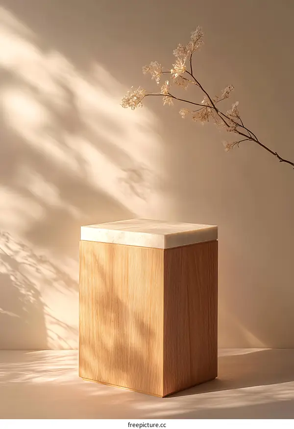Minimalist Wooden Platform with Flowers and Sunlight