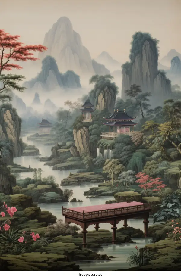 Chinese Landscape Painting: Pavilions in Mountains