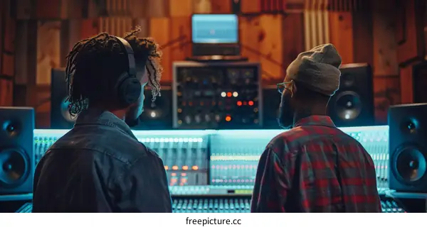 Two black men are working in a recording studio.