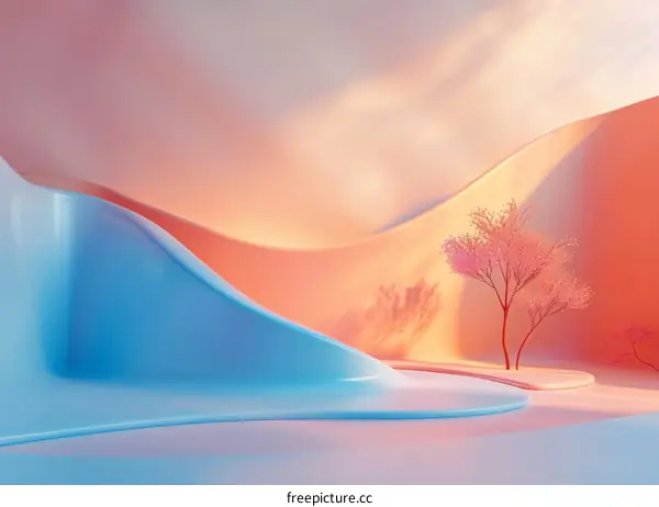Pink Sakura Tree in a Blue and Pink Landscape