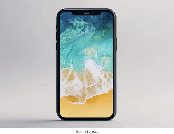 Black Smartphone with Ocean and Beach Wallpaper