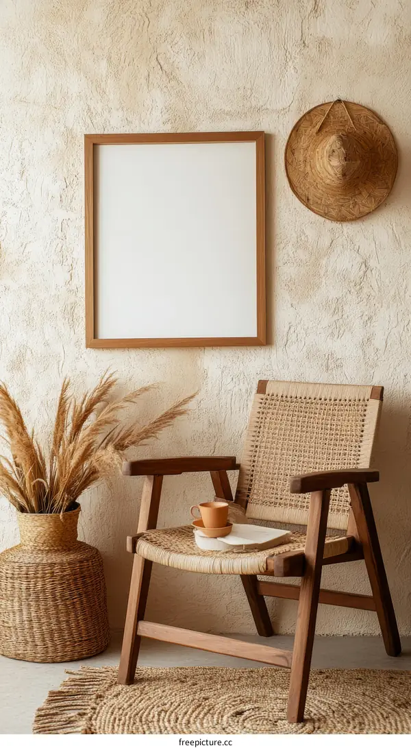 Bohemian Style Interior Design with Empty Frame and Chair