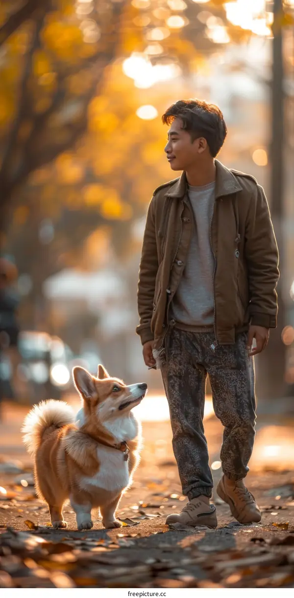 A young man walking his corgi dog in the park