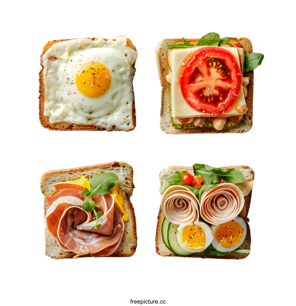 [Transparent Background PNG]Four Delicious Open-faced Sandwiches with Different Toppings