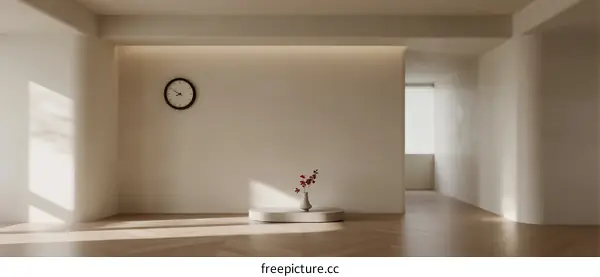 Minimalist room interior with clock and flower decoration
