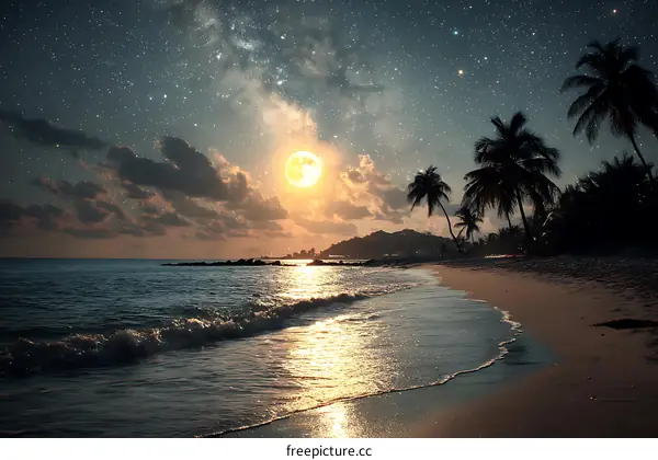 Amazing Night Beach Under Full Moon