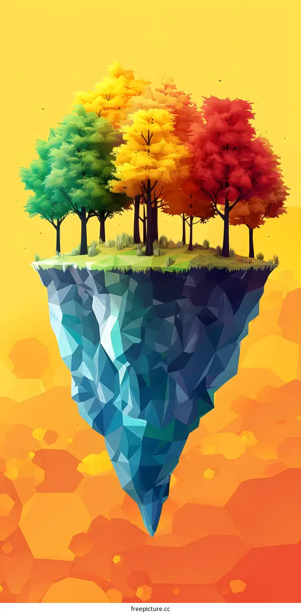 Illustration of a floating island with four trees in different seasons