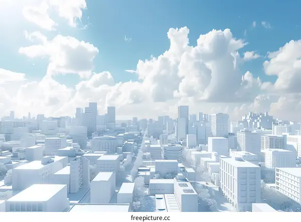 A 3D Rendering of a City with White Buildings and Blue Sky
