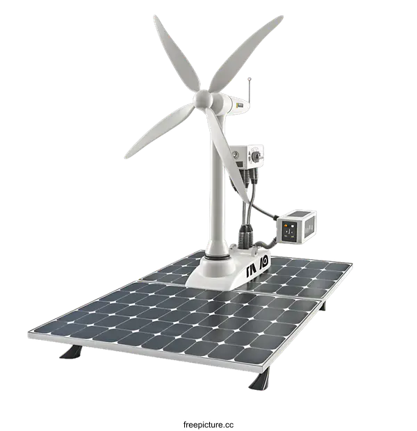 [Transparent Background PNG]White Wind Turbine with Solar Panels on transparent background