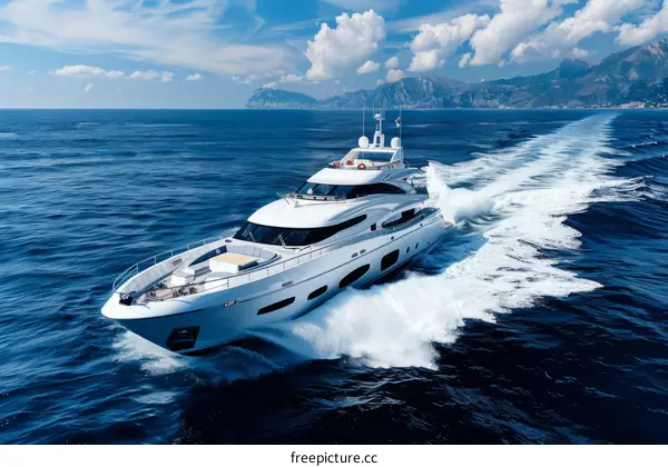 A sleek white motor yacht speeds across the ocean