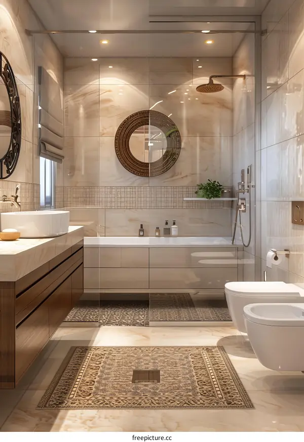 Luxury bathroom with marble walls and tiles