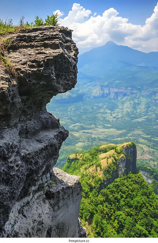 Mountain Cliff View with Lush Green Valley and Blue Sky