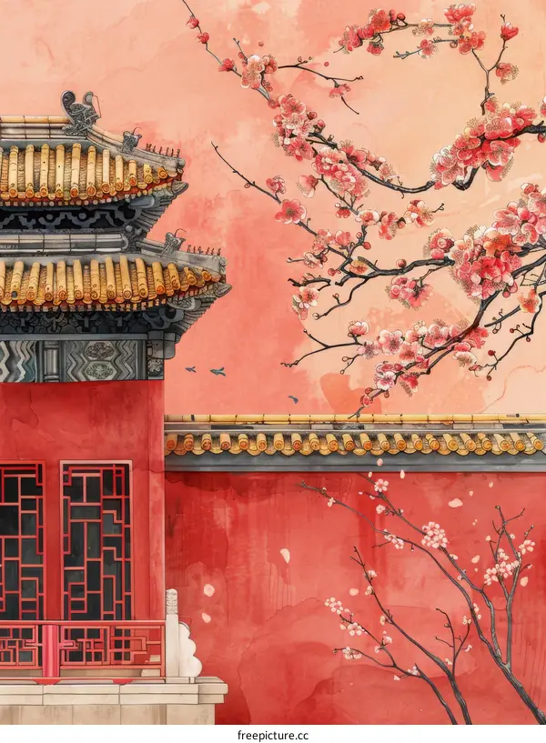 Chinese ancient architecture and pink plum blossom
