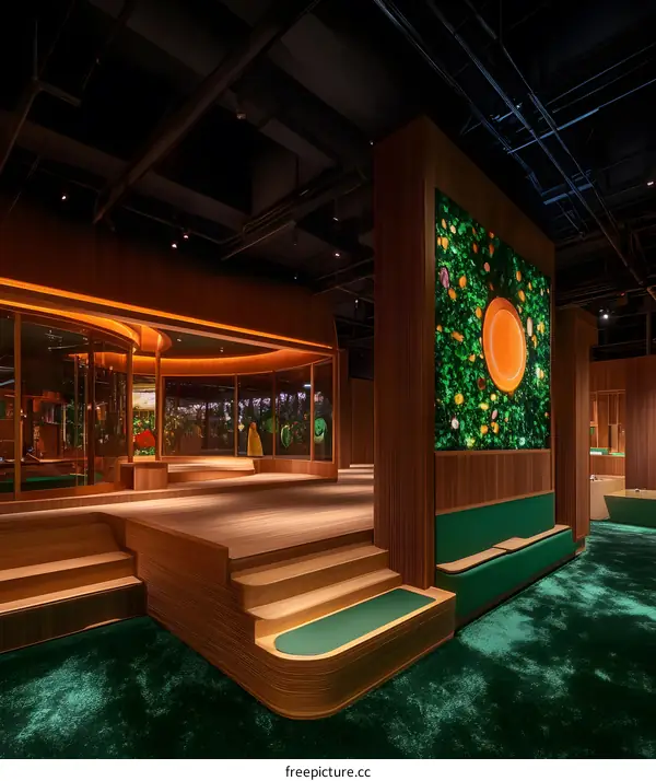 Modern Interior Design with Green Carpet and Wooden Walls