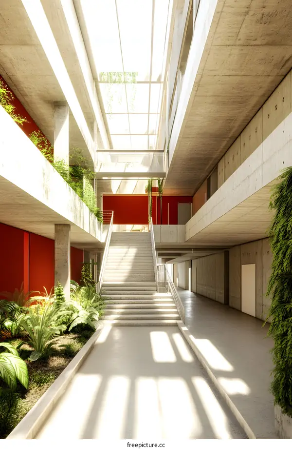 Modern Concrete Building with Indoor Plants and Stairway