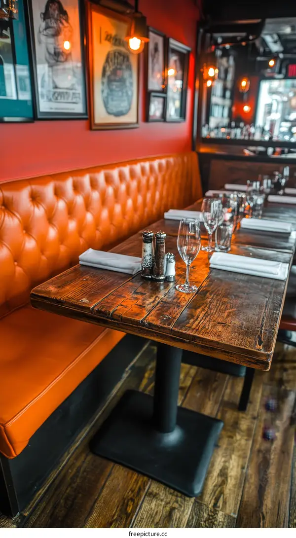 Restaurant Interior with Wooden Table and Orange Seating