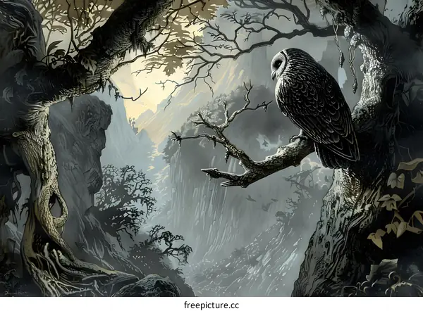 Dark Forest Owl Watercolor Painting