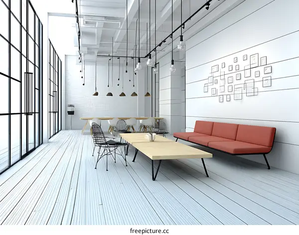 Modern Open-Plan Office Lounge Area with Light Wood Flooring