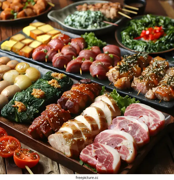Various kinds of meat and vegetable skewers