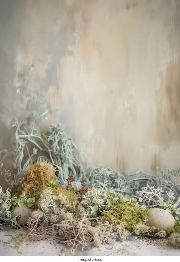 Green Moss and Dried Plants on Rustic Background